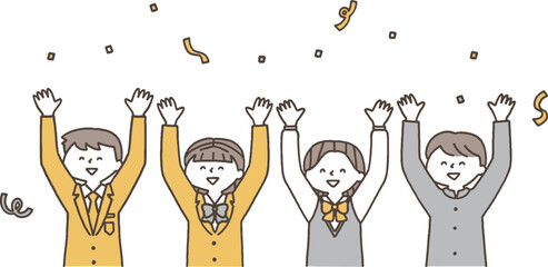 喜んでバンザイをする学生の男女単色