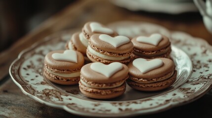 Fototapeta premium Close-up of heart-shaped macarons on a decorative plate, perfect for a Valentine's day treat