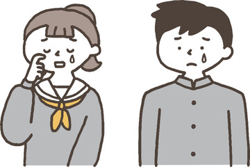 泣いている学生服の男女単色