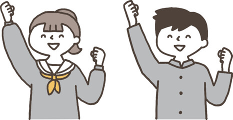 ガッツポーズをする学生服の男女単色