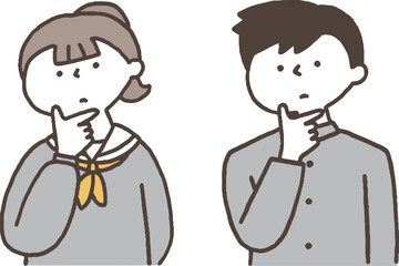 悩んでいるポーズの学生服の男女