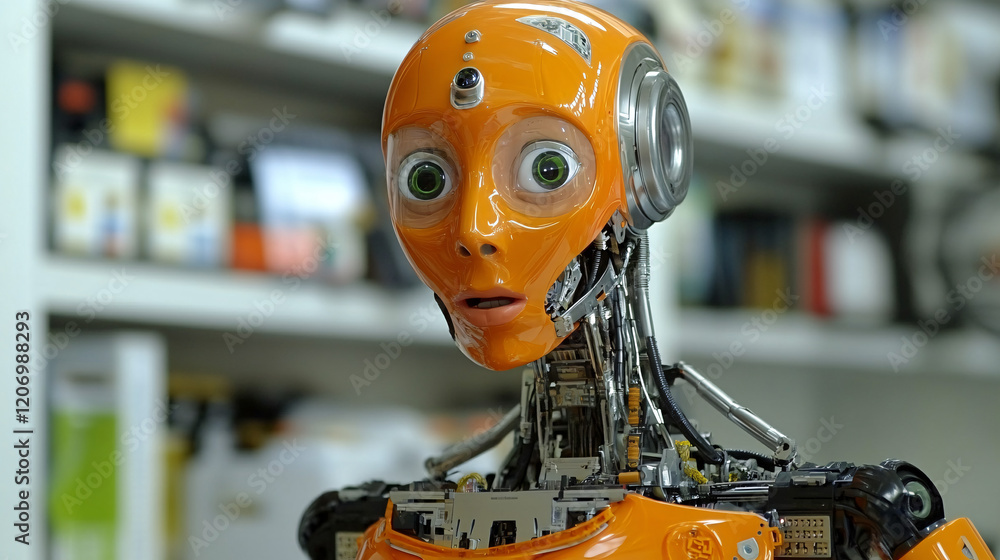 Poster robot with a head and arms standing on a white background in a studio setting