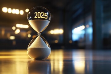 A dynamic close-up of an hourglass with fine sand falling in slow motion, morphing into the numbers "2025" as it accumulates at the bottom chamber.