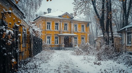 An Elegant Yellow Mansion Surrounded by Snowy Trees in a Winter Wonderland