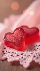 Obraz premium Two glossy, heart-shaped jelly candies nestled on a delicate lace fabric, with soft focus and warm tones, creating a dreamy Valentine's atmosphere