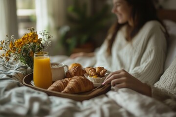 close-up of a breakfast tray brought to bed, juice, croissants and coffee.