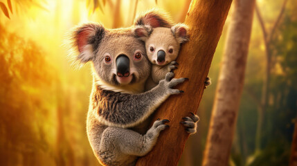 Obraz premium koala mother carries her baby on her back while climbing tree in lush forest. warm sunlight filters through leaves, creating serene and heartwarming scene