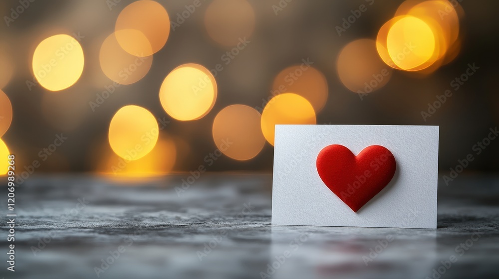 Poster elegant blank white greeting card featuring a red heart icon on a soft focus background of shimmerin