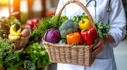 A nutritionist holds fruits and vegetables in their hands. The concept of healthy eating, balanced nutrition, and promoting wellness through natural food choices. Generative AI.