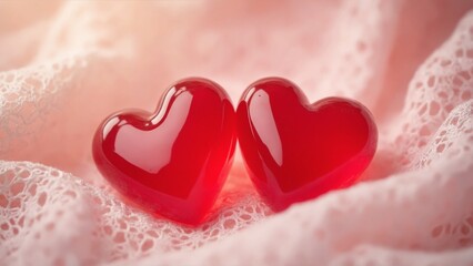 Fototapeta premium Two glossy, heart-shaped jelly candies nestled on a delicate lace fabric, with soft focus and warm tones, creating a dreamy Valentine's atmosphere