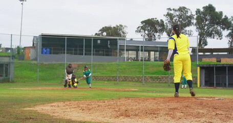 Multiracial female baseball players and male umpire, throwing and hitting the ball on a pitch - Powered by Adobe