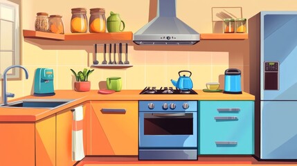 86.A cozy and colorful kitchen interior with modern furniture, a stainless steel refrigerator, a gas stove, and a sink, surrounded by neatly organized crockery, jars, and an electric kettle on the