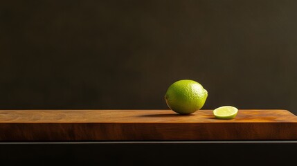 50.A detailed composition of a fresh lime halved and resting on a cutting board, the rich green color of the fruit popping against the warm tones of the wood and the dark, minimalist background.