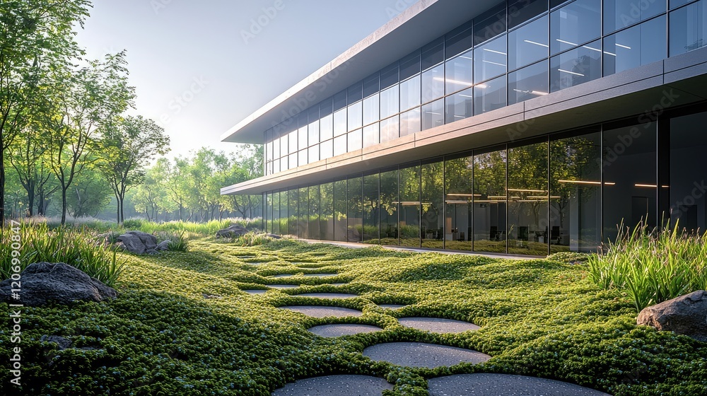 Poster a new office building with a glass facade. in the center, there is an industrial-style stone structu