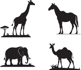 Black Silhouette Wildlife Set, Vector Design, Isolated