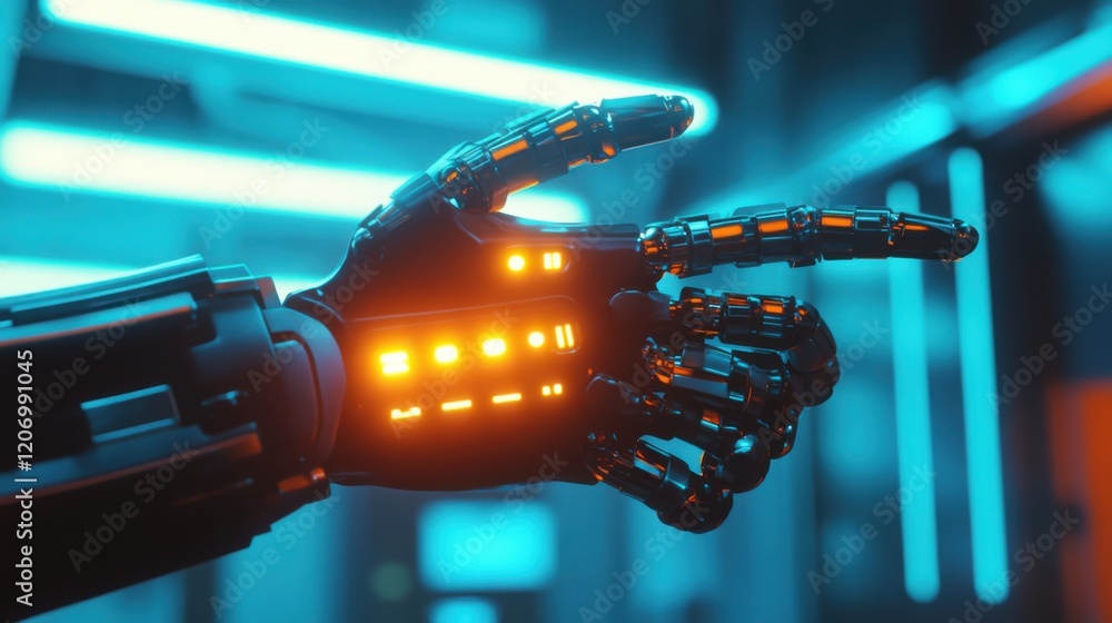 Poster futuristic robotic hand with led lights pointing in a high-tech environment, symbolizing advanced te