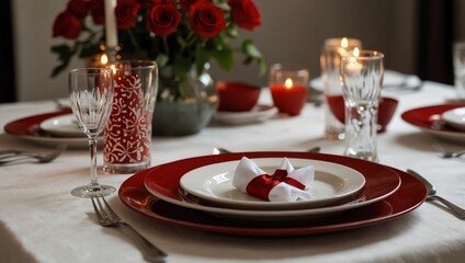 Christmas table setting . A close-up shot of a romantic table setting with red plates, white linens, and roses