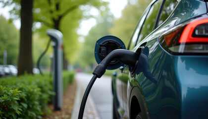 Electric car charging at a public station in a park.