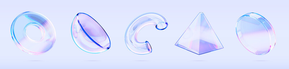 3d glass liquid holographic transparent geometric shapes render icon set. Abstract gradient fluid figures triangle, cylinder, half sphere, torus, circle tube objects isolated elements. 3D illustration