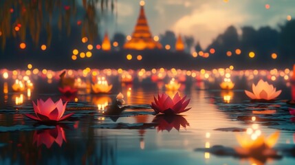 Floating Lotus Lanterns at Sunset Ceremony