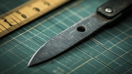 18.A macro shot of an exacto knife blade resting on a green cutting mat, with the metal ruler aligned perfectly beside it, the grid lines of the mat providing a geometric backdrop.
