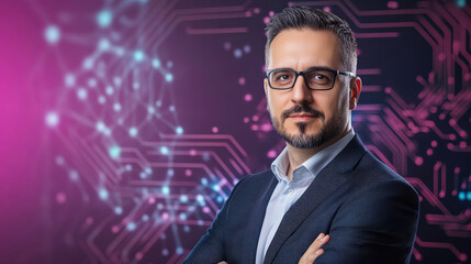 Professional man with glasses poses confidently against digital background, showcasing technology and innovation. His expression reflects determination and expertise