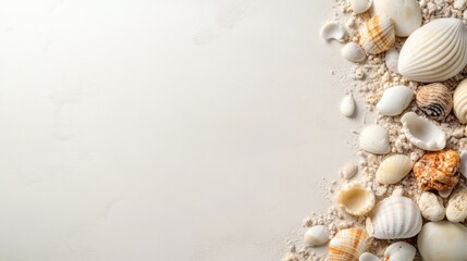 Collection of seashells arranged on a white background for coastal decor