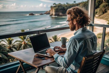 Fototapeta premium A young male freelance businessman is working on a laptop while on vacation by the sea or shopping in an online store.