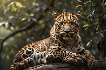 Naklejka premium A leopard relaxing on a high tree branch, bird's eye view
