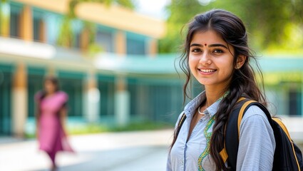 young indian college girl standing at college campus