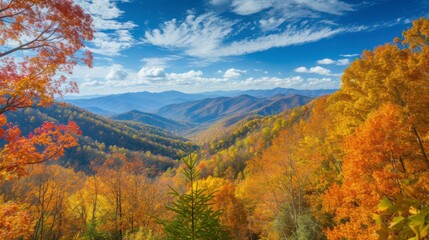 Fototapeta premium Vibrant Autumn Mountain Landscape with Fall Foliage and Blue Sky