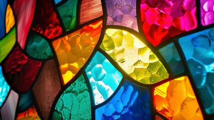 A colorful stained glass window with a geometric mosaic design and vibrant patterns