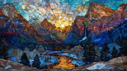 Colorful Abstract Watercolor Stained Glass Pattern mountain with the sun nature background