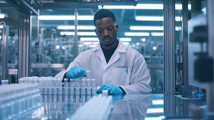 Precision Pharmaceutical Manufacturing: African American Worker in White Lab Coat Operating Medical Vial Production Line. Modern Factory Setting Showcasing Industrial Accuracy and Medical Professional