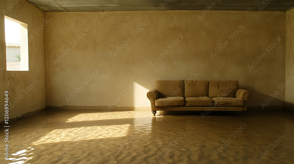 Aufkleber A flooded room featuring a single couch, with sunlight filtering through a window, creating a stark, desolate atmosphere