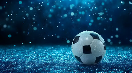 Fototapeta premium A soccer ball rests on a sparkling surface, surrounded by shimmering droplets against a blue backdrop, creating a dynamic and vibrant atmosphere