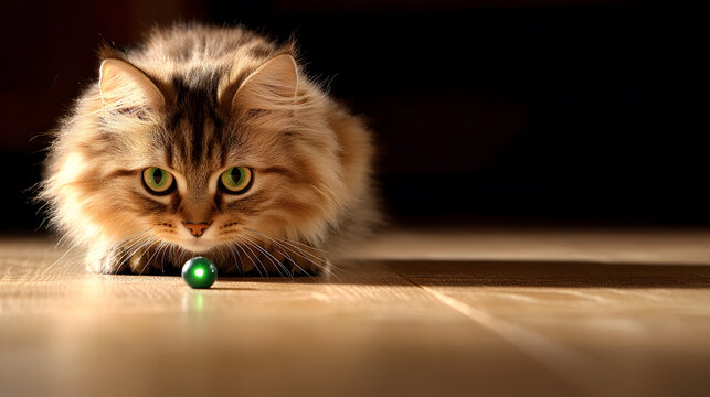 A playful cat with striking green eyes stares intently at a small green ball on a wooden floor, illuminated by soft lighting