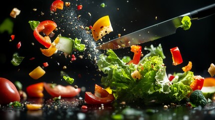 100.A visually striking scene of a sharp knife slicing a variety of fresh vegetables mid-air, with individual pieces like lettuce and peppers frozen in motion, symbolizing the art of preparing a