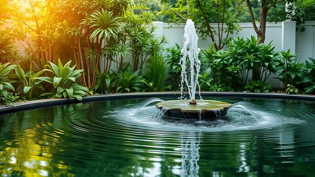 An elegant spa background featuring a serene water fountain surrounded by lush greenery, with blank space for adding text, peaceful, water fountain, tranquil