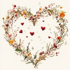 Wreath in the form of a heart made of branches and flowers, festive decoration of postcards.