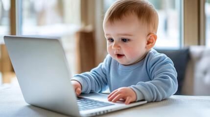 curious baby interacts with laptop, exploring technology in cozy environment. child is focused and engaged, showcasing early learning and discovery