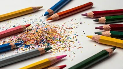 Close-up of scattered colorful pencils on white surface