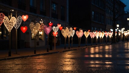 A night time street scene features a row of heart-shaped lights lining the sidewalk, reflecting on the wet pavement.