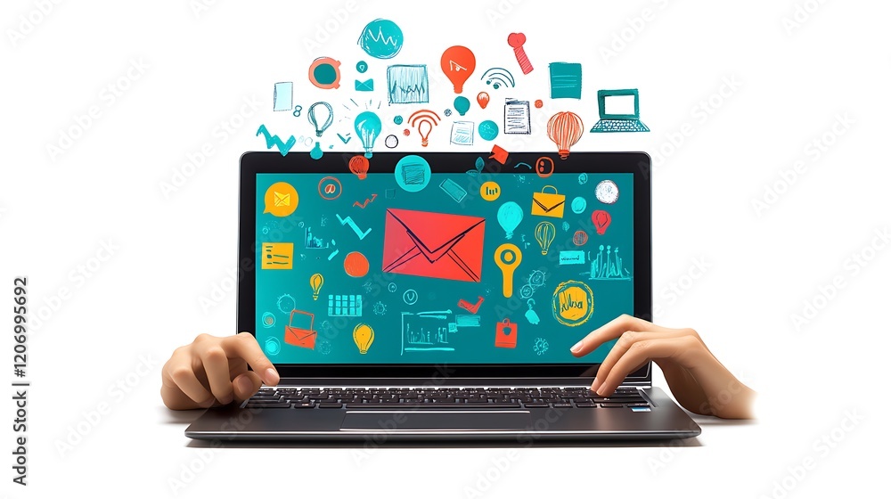 Poster a person using a laptop computer with hologram icons