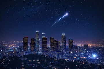 Los Angeles skyline at night with a streaking comet overhead, a cosmic touch