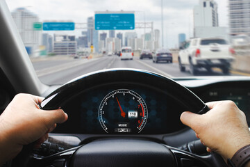 Driver perspective on urban highway , traveling on city roads by car , Automotive concept