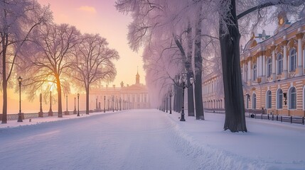 Winter Cityscape with Snowy Path, Trees and Historical Buildings at Sunset