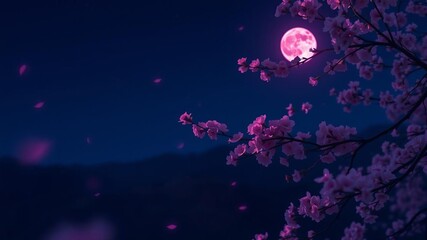 Fototapeta premium Beautiful sakura blossoms illuminated by the soft light of the pink moon, creating a dreamy and tranquil atmosphere, tranquil, blossoms, ethereal