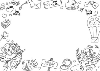 Romantic doodle Border. Elegant Frame with Hearts, Angels, and Cupid's Arrows. For Wedding Invitation, Valentine's Card. Children's coloring book. Festive line Background. Vector outline illustration.