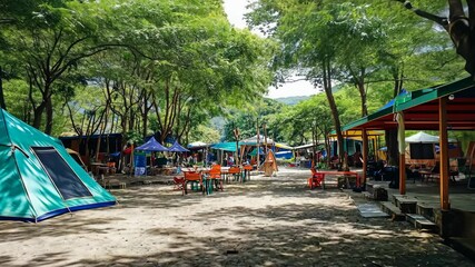 Camping area with tents and shaded seating under trees in a scenic location during the day
